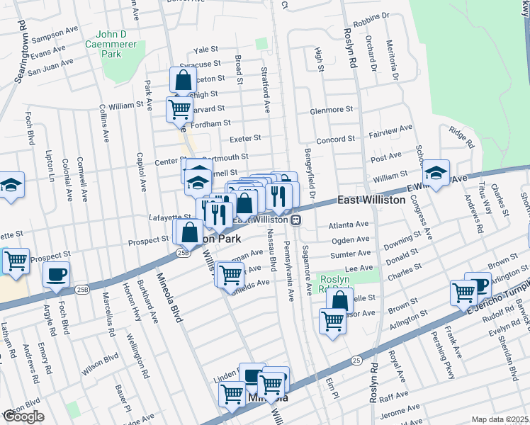 map of restaurants, bars, coffee shops, grocery stores, and more near 28 Amherst Street in Williston Park
