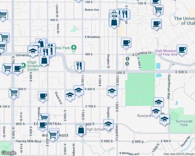 map of restaurants, bars, coffee shops, grocery stores, and more near 522 South 1200 East in Salt Lake City