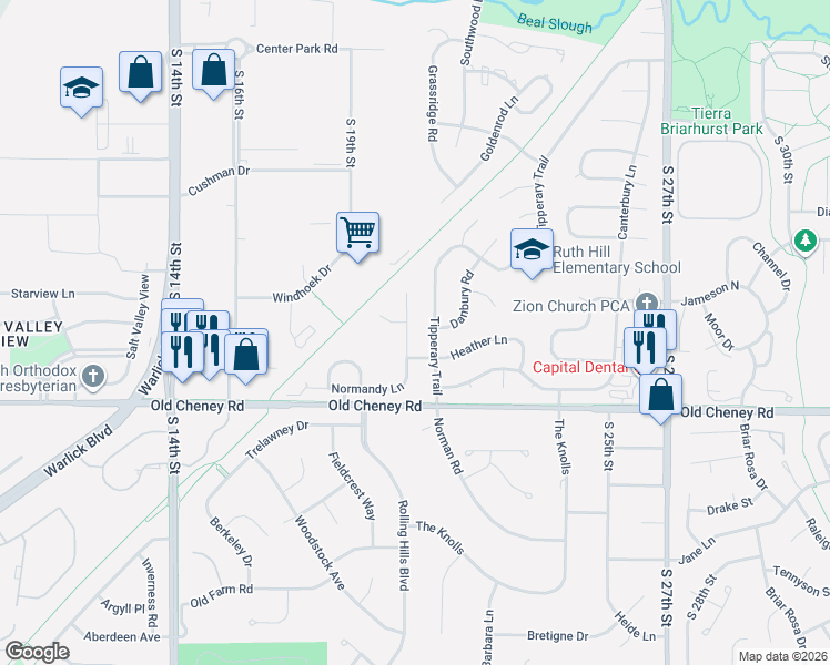 map of restaurants, bars, coffee shops, grocery stores, and more near 1925 King Arthur Court in Lincoln