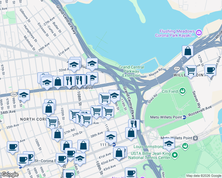 map of restaurants, bars, coffee shops, grocery stores, and more near 112-24 Northern Boulevard in Queens