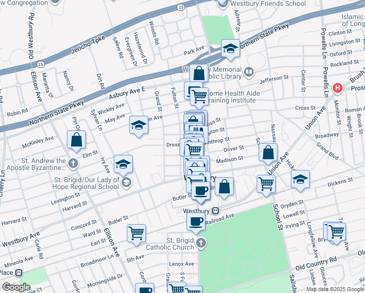 map of restaurants, bars, coffee shops, grocery stores, and more near 249 Drexel Avenue in Westbury