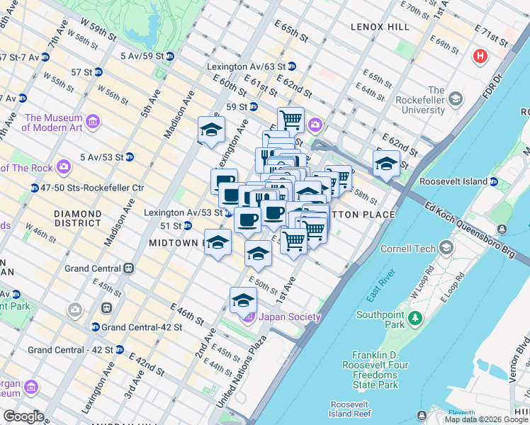 map of restaurants, bars, coffee shops, grocery stores, and more near in New York