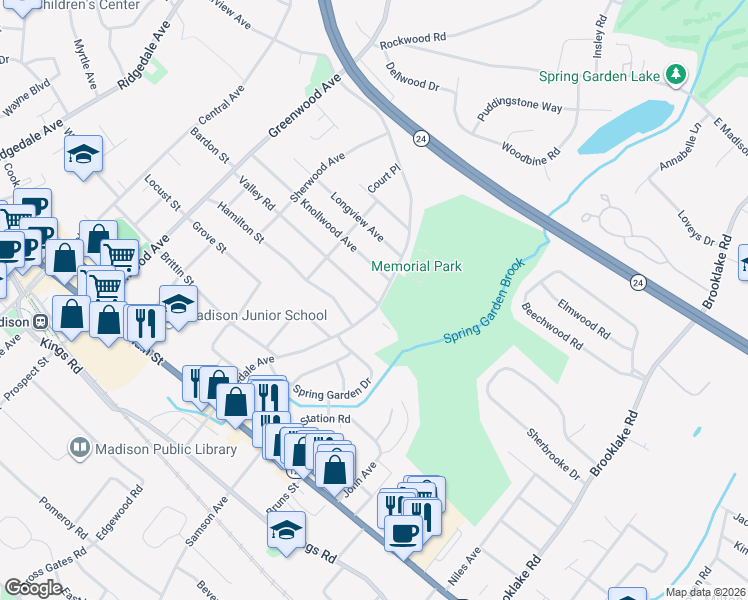 map of restaurants, bars, coffee shops, grocery stores, and more near 73 Valley Road in Madison