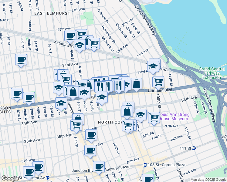 map of restaurants, bars, coffee shops, grocery stores, and more near 32-43 101st Street in Queens