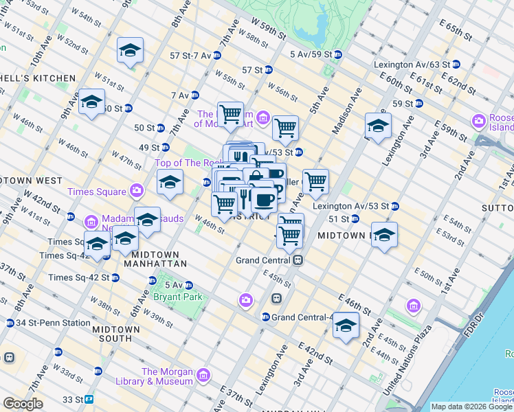 map of restaurants, bars, coffee shops, grocery stores, and more near 604 5th Avenue in New York