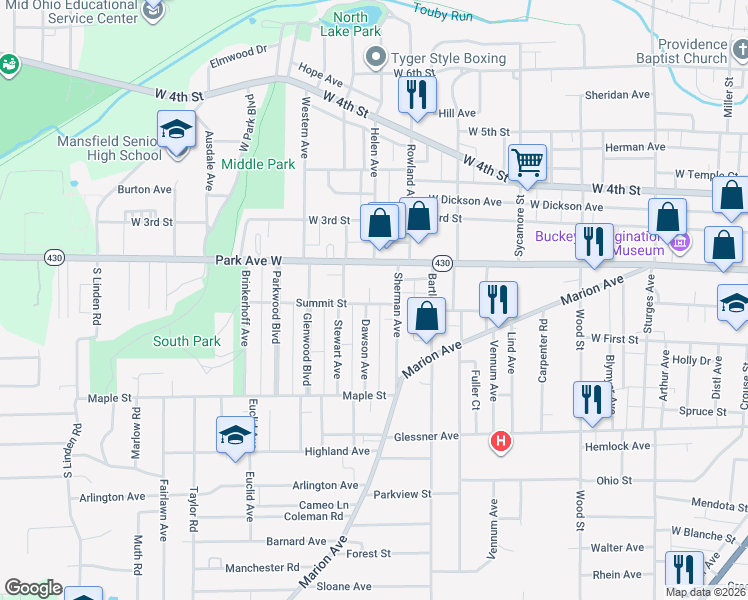 map of restaurants, bars, coffee shops, grocery stores, and more near 534 Summit Street in Mansfield