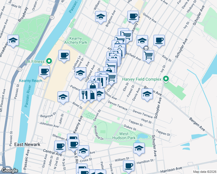 map of restaurants, bars, coffee shops, grocery stores, and more near 200 Kearny Avenue in Kearny