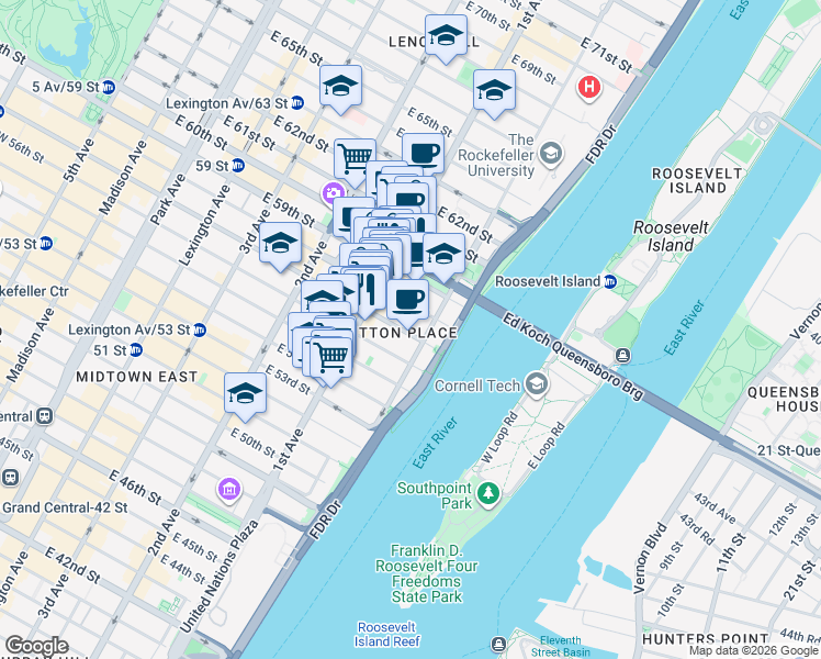 map of restaurants, bars, coffee shops, grocery stores, and more near 453 East 57th Street in New York