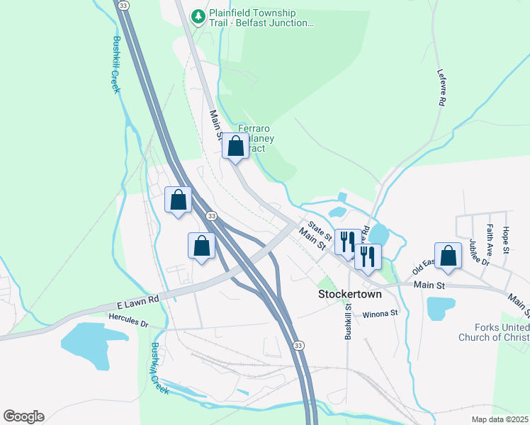 map of restaurants, bars, coffee shops, grocery stores, and more near 416 Main Street in Nazareth