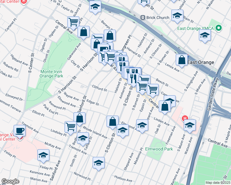 map of restaurants, bars, coffee shops, grocery stores, and more near Halsted Street & Clifford Street in East Orange