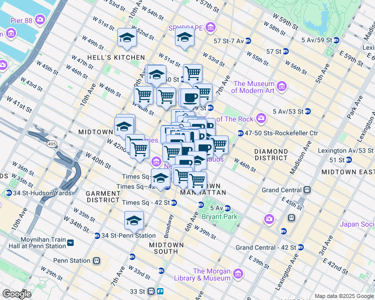 map of restaurants, bars, coffee shops, grocery stores, and more near 1975 7th Avenue in New York