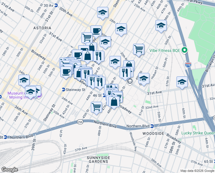map of restaurants, bars, coffee shops, grocery stores, and more near 31-58 46th Street in Queens