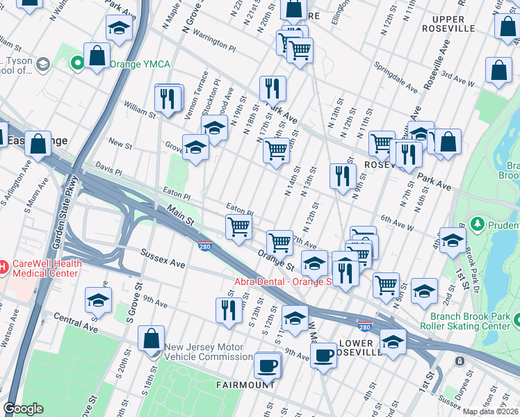 map of restaurants, bars, coffee shops, grocery stores, and more near 14 North 16th Street in East Orange