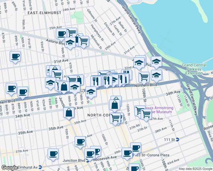 map of restaurants, bars, coffee shops, grocery stores, and more near 32-50 103rd Street in Queens