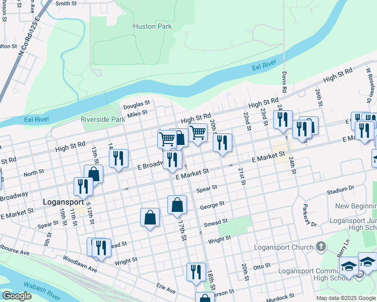 map of restaurants, bars, coffee shops, grocery stores, and more near 1810 East Broadway in Logansport
