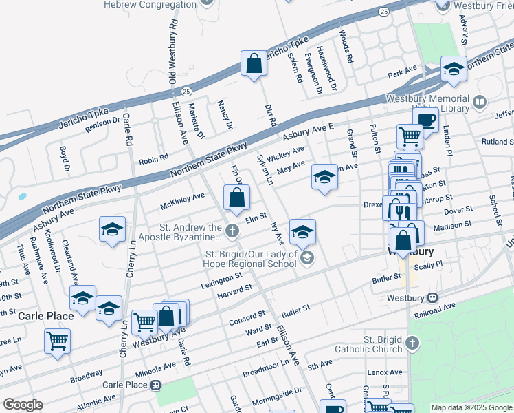 map of restaurants, bars, coffee shops, grocery stores, and more near 346 Pin Oak Lane in Westbury