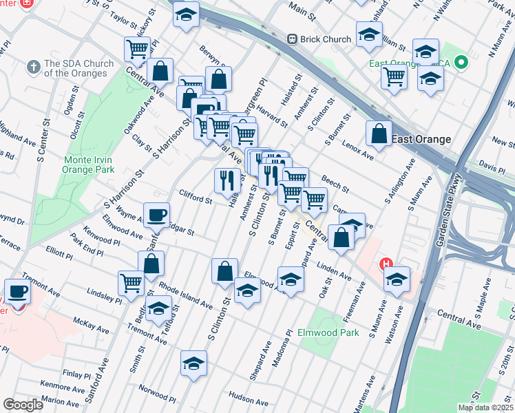 map of restaurants, bars, coffee shops, grocery stores, and more near 206 Amherst Street in East Orange
