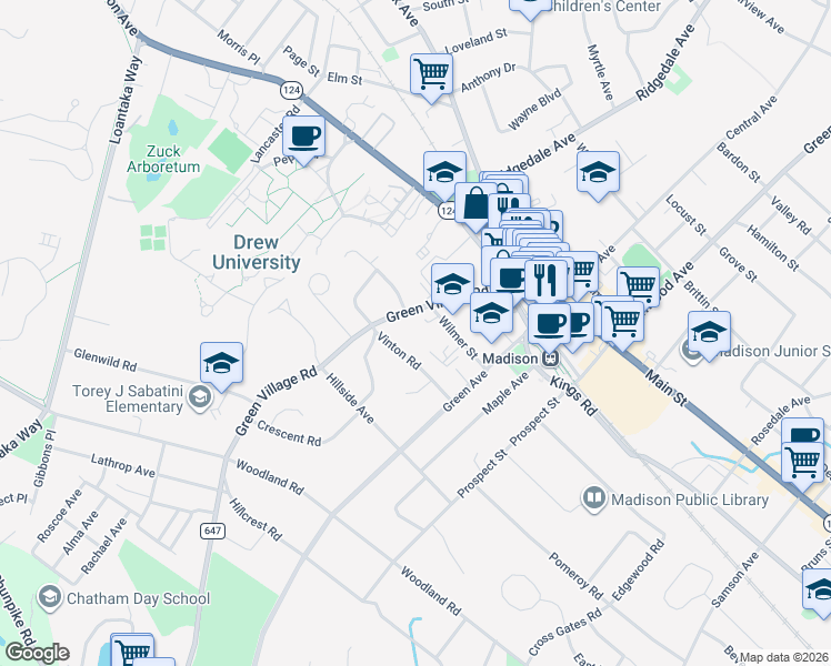map of restaurants, bars, coffee shops, grocery stores, and more near 46 Green Village Road in Madison