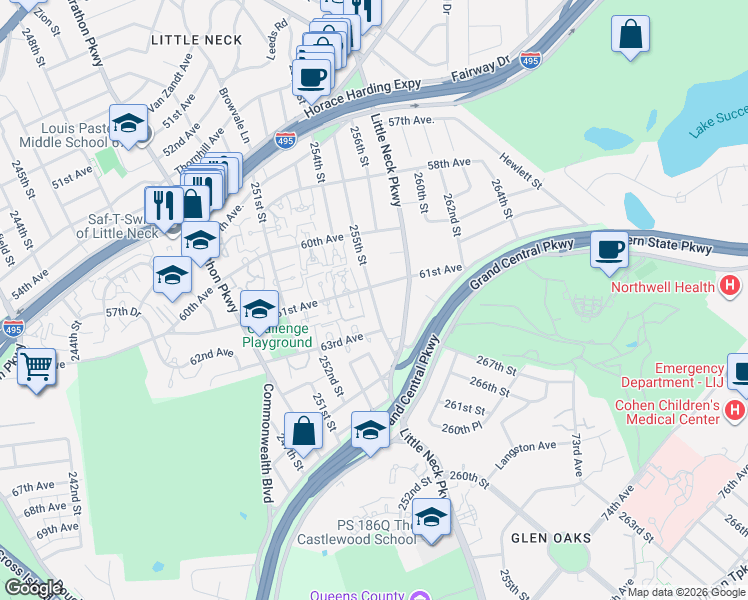 map of restaurants, bars, coffee shops, grocery stores, and more near 255-12 61st Avenue in Queens