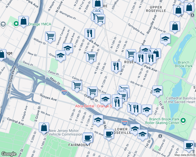 map of restaurants, bars, coffee shops, grocery stores, and more near 73 North 13th Street in Newark