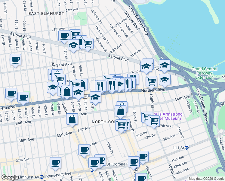 map of restaurants, bars, coffee shops, grocery stores, and more near 32-50 103rd Street in Queens