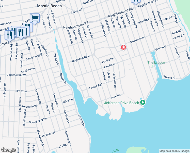 map of restaurants, bars, coffee shops, grocery stores, and more near 57 Magnolia Drive in Mastic Beach