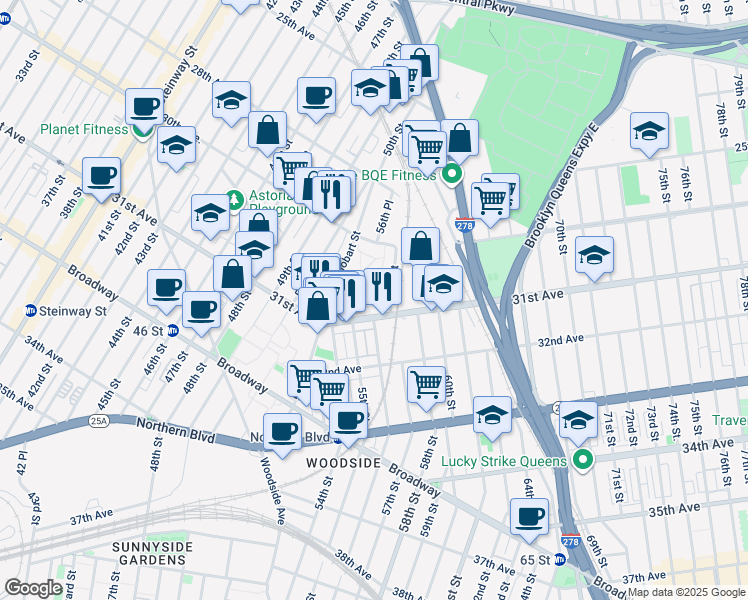 map of restaurants, bars, coffee shops, grocery stores, and more near 55-25 31st Avenue in Queens