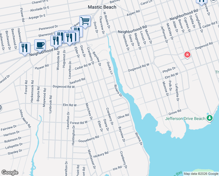 map of restaurants, bars, coffee shops, grocery stores, and more near 416 Riviera Drive in Mastic Beach