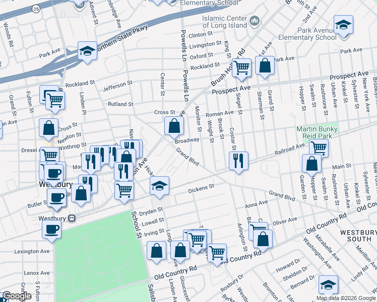 map of restaurants, bars, coffee shops, grocery stores, and more near 243 Covert Street in Westbury