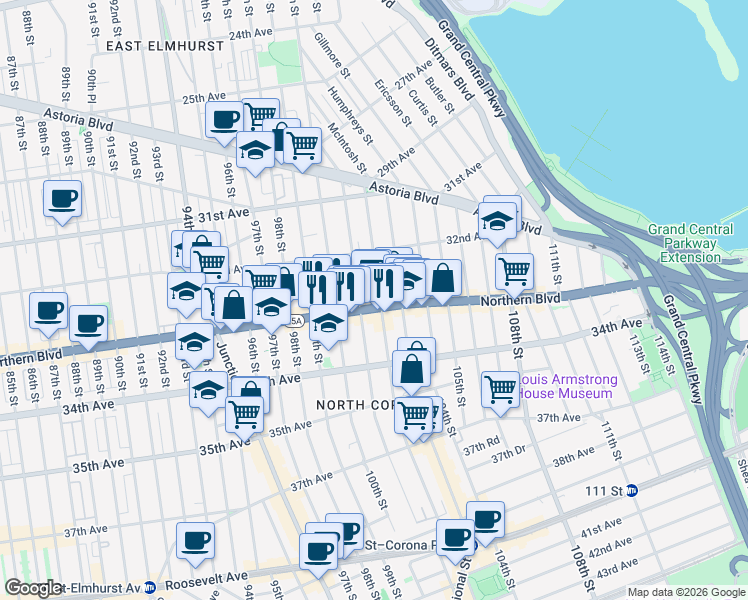 map of restaurants, bars, coffee shops, grocery stores, and more near 32-43 101st Street in Queens