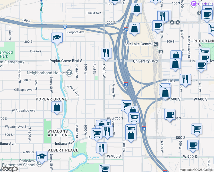 map of restaurants, bars, coffee shops, grocery stores, and more near 525 South 900 West in Salt Lake City