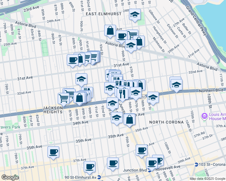 map of restaurants, bars, coffee shops, grocery stores, and more near 32-02 Junction Boulevard in Queens