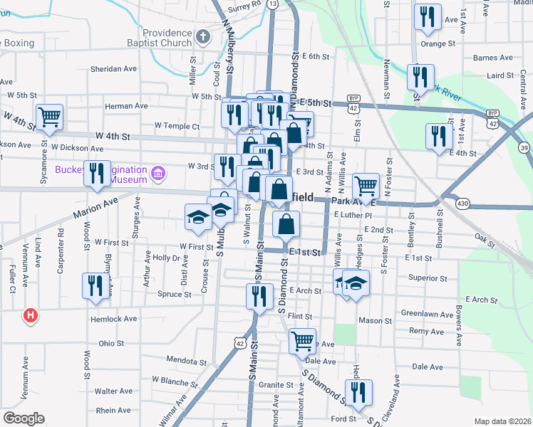 map of restaurants, bars, coffee shops, grocery stores, and more near in Mansfield
