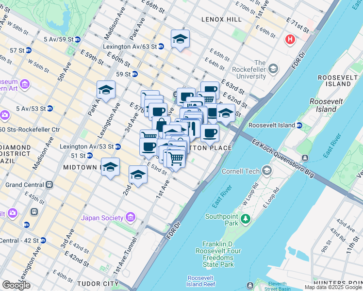 map of restaurants, bars, coffee shops, grocery stores, and more near 1031 1st Avenue in New York