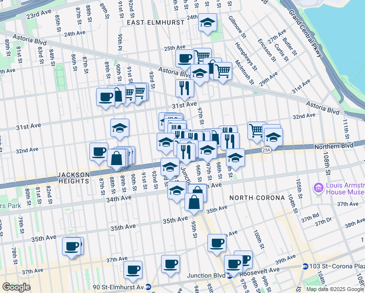 map of restaurants, bars, coffee shops, grocery stores, and more near 32-34 95th Street in Queens