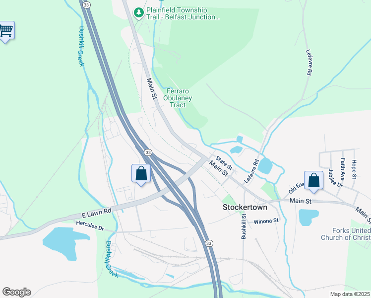 map of restaurants, bars, coffee shops, grocery stores, and more near 416 Main Street in Nazareth