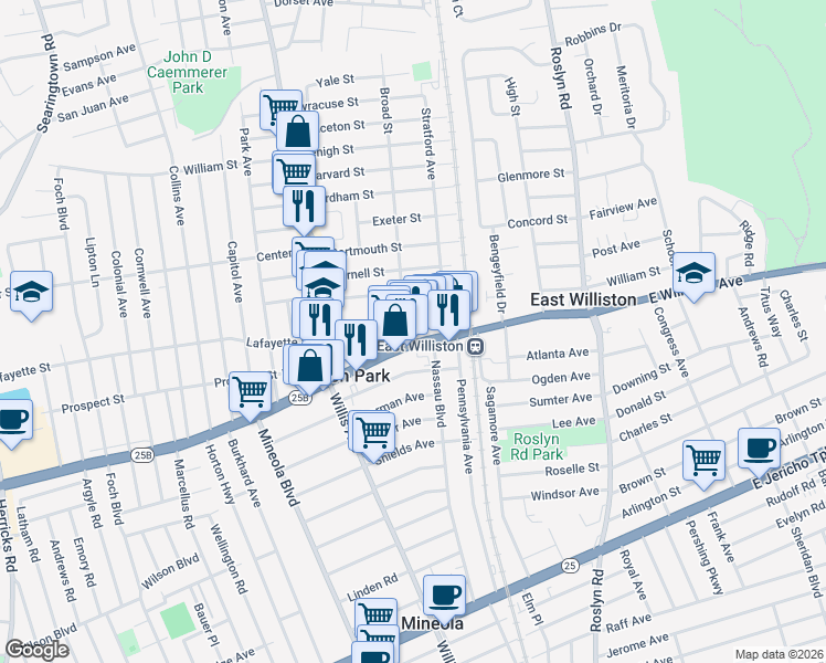map of restaurants, bars, coffee shops, grocery stores, and more near 24 Broad Street in Williston Park