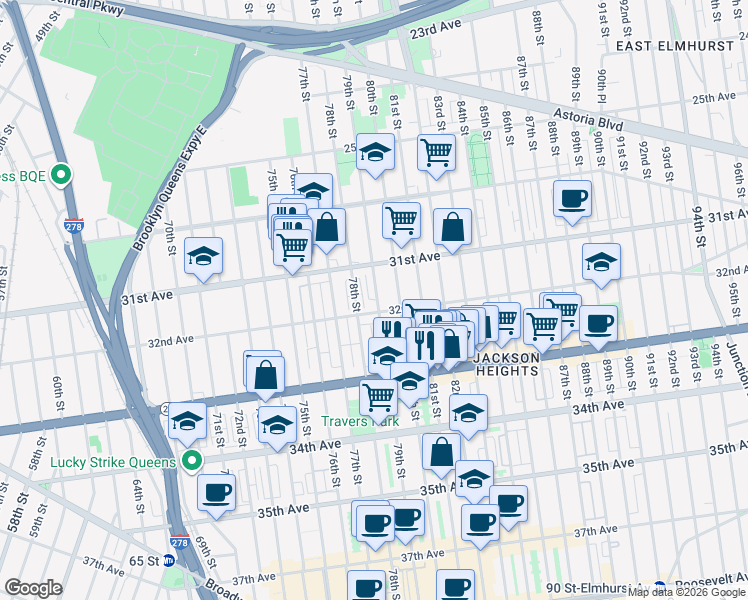 map of restaurants, bars, coffee shops, grocery stores, and more near 31-31 79th Street in Queens