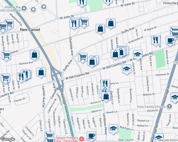 map of restaurants, bars, coffee shops, grocery stores, and more near 520 West Old Country Road in Hicksville