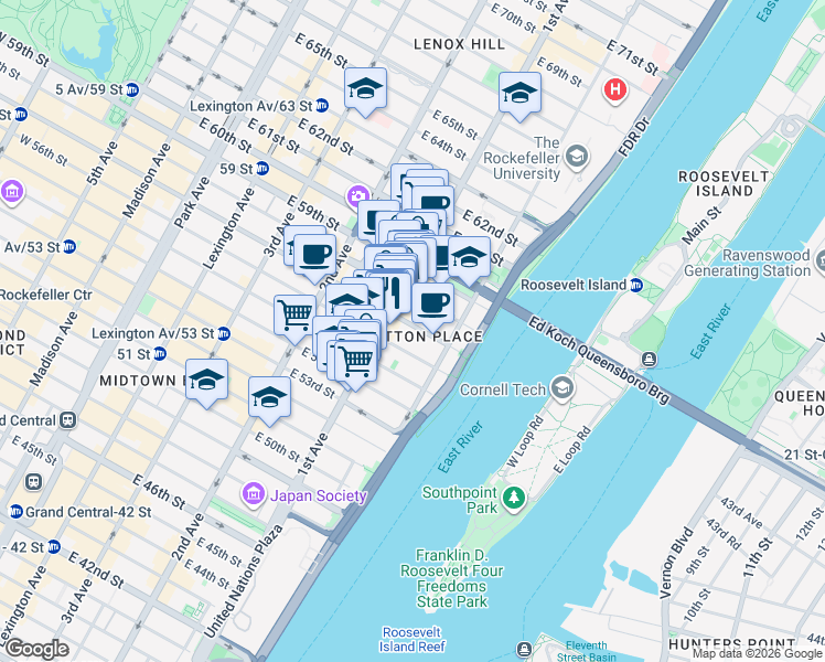 map of restaurants, bars, coffee shops, grocery stores, and more near 440 East 57th Street in New York