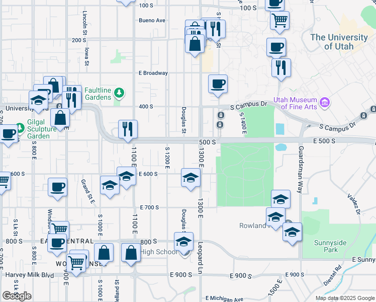 map of restaurants, bars, coffee shops, grocery stores, and more near 1254 East 500 South in Salt Lake City