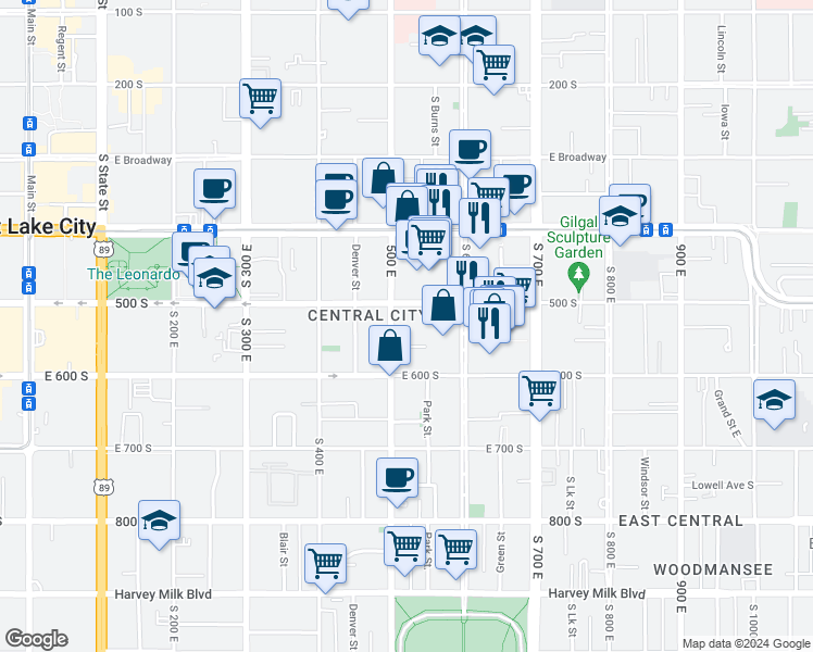 map of restaurants, bars, coffee shops, grocery stores, and more near 515 500 East in Salt Lake City