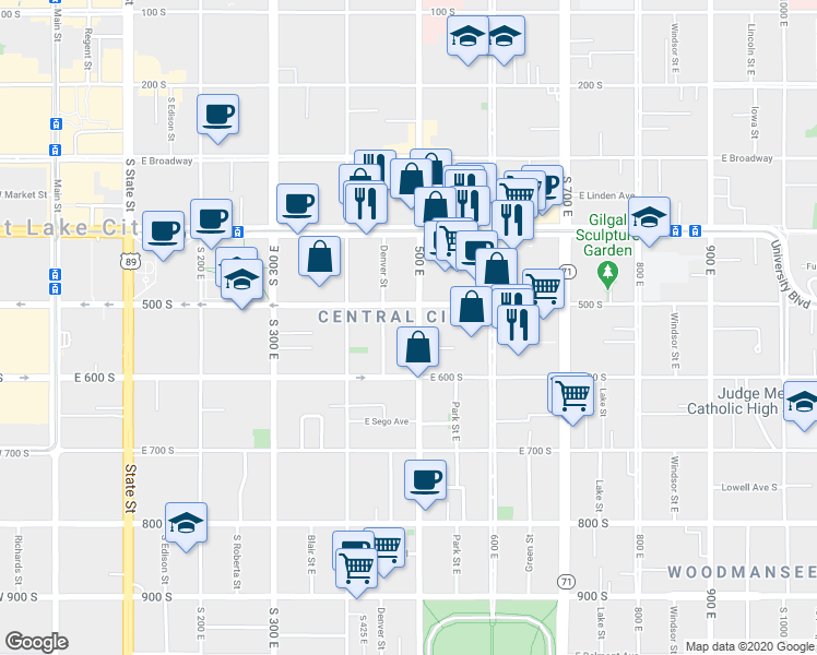 map of restaurants, bars, coffee shops, grocery stores, and more near in Salt Lake City
