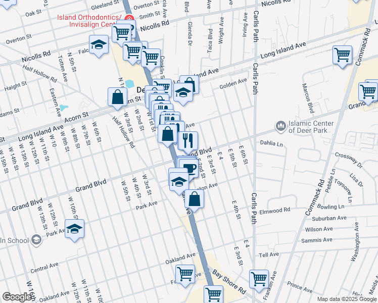 map of restaurants, bars, coffee shops, grocery stores, and more near 98 East 2nd Street in Deer Park