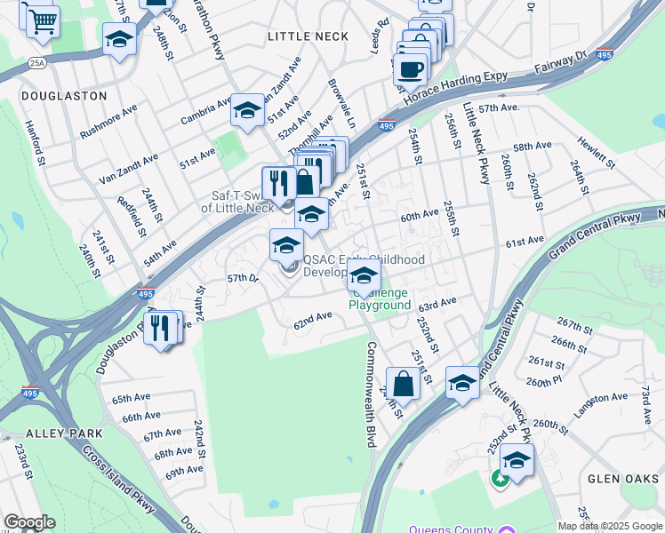 map of restaurants, bars, coffee shops, grocery stores, and more near 246-12 60th Avenue in Queens