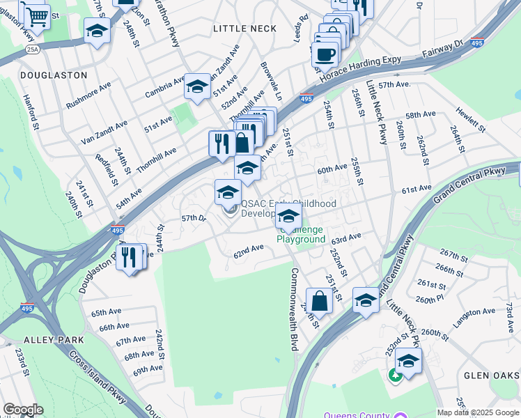 map of restaurants, bars, coffee shops, grocery stores, and more near 246-12 60th Avenue in Queens
