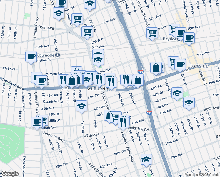 map of restaurants, bars, coffee shops, grocery stores, and more near 201-08 43rd Avenue in Queens