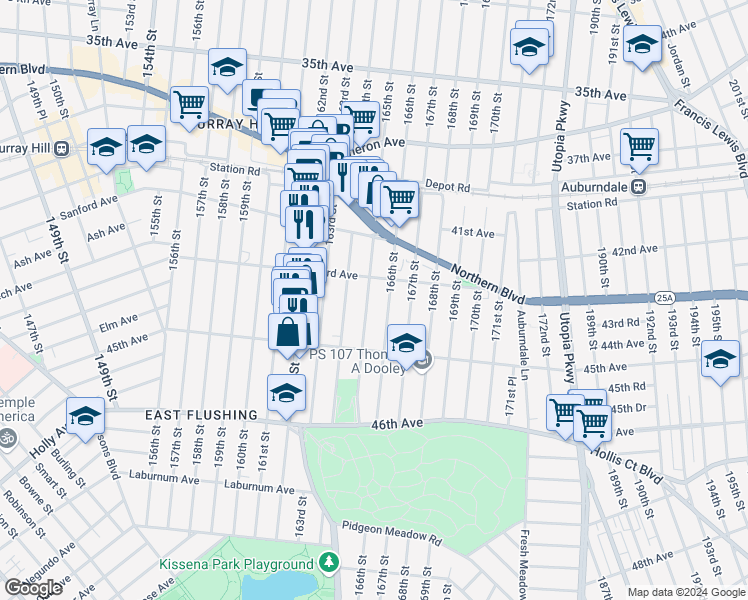 map of restaurants, bars, coffee shops, grocery stores, and more near 43-20 165th Street in Queens