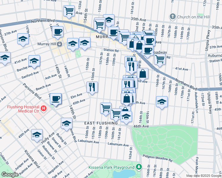 map of restaurants, bars, coffee shops, grocery stores, and more near 43-36 159th Street in Queens