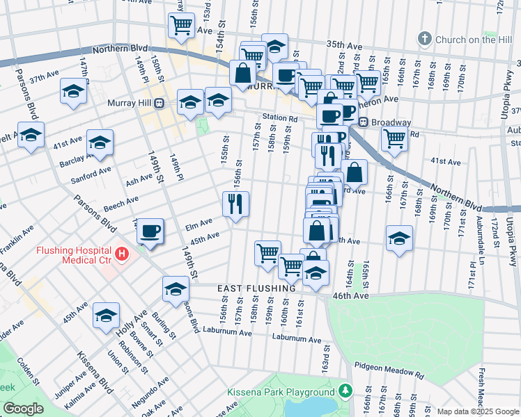 map of restaurants, bars, coffee shops, grocery stores, and more near 43-35 157th Street in Queens